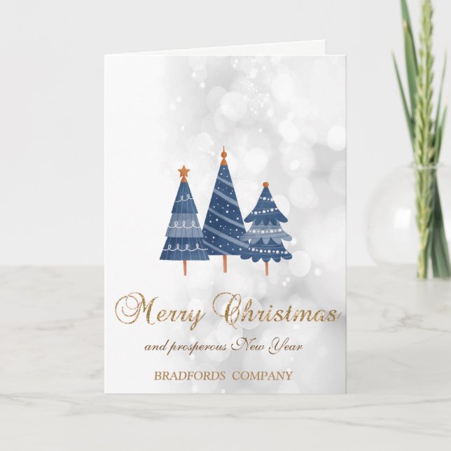 Blue Christmas Trees ,Bokeh Company Holiday Card (Front)