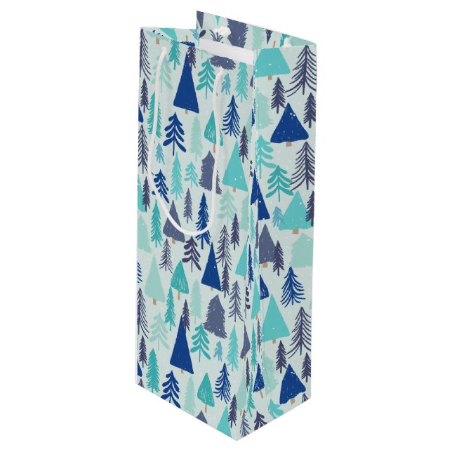 Blue Christmas Trees in an Evergreen Forest Wine Gift Bag (Front Angled)