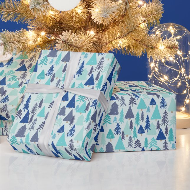 Blue Christmas Trees in an Evergreen Forest Wrapping Paper (Holidays)