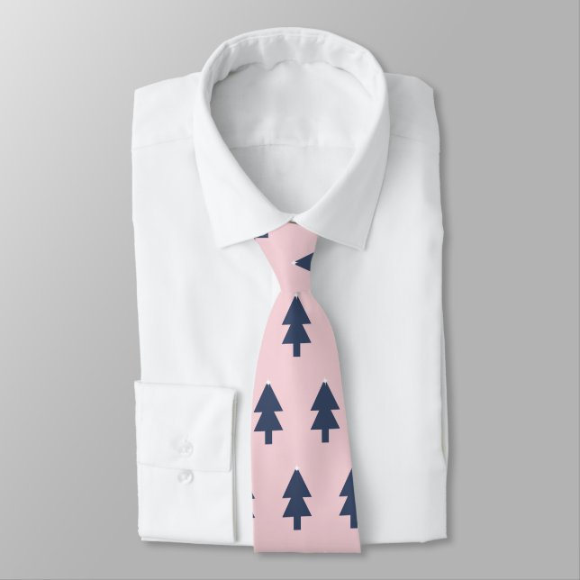 Blue Christmas Trees Repeat Pattern Pink Tie (Tied)