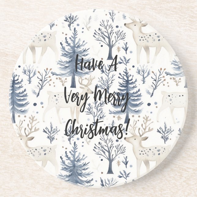 Blue Christmas Trees White Deer Coaster (Front)