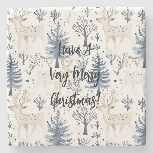 Blue Christmas Trees White Deer Stone Coaster (Front)