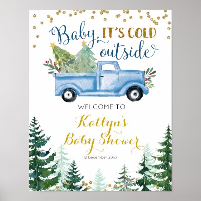 Blue Christmas Truck Baby Shower Welcome Sign (Front)