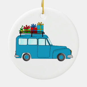 Blue Christmas truck with gifts Ceramic Tree Decoration