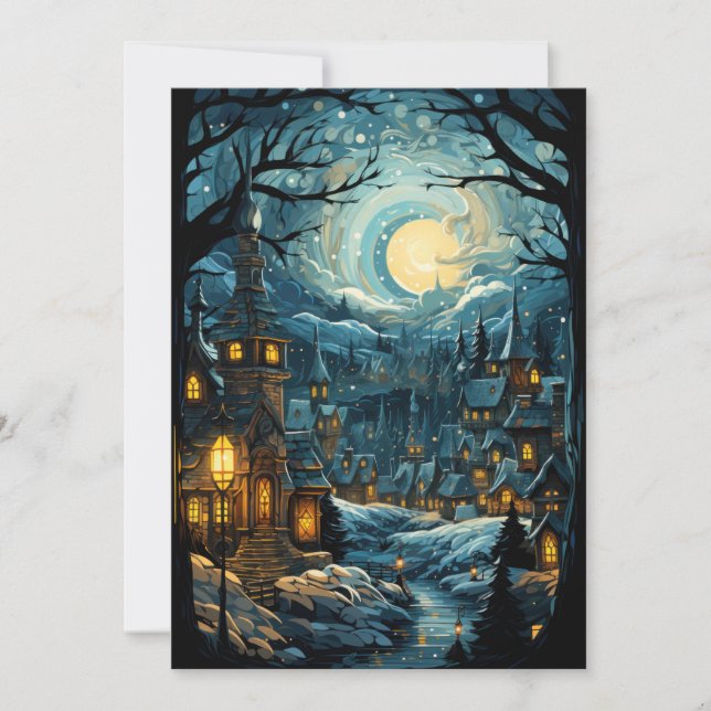 Blue Christmas Village Art Holiday Flat Card (Front)