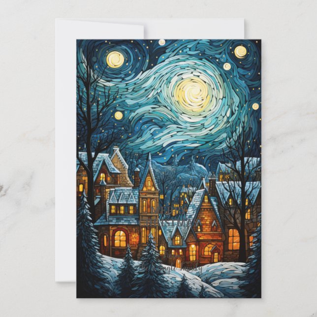 Blue Christmas Village Art Holiday Flat Card (Front)