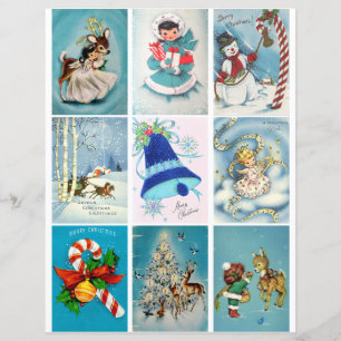 Blue Christmas Vintage Cards Clipart Sheet
