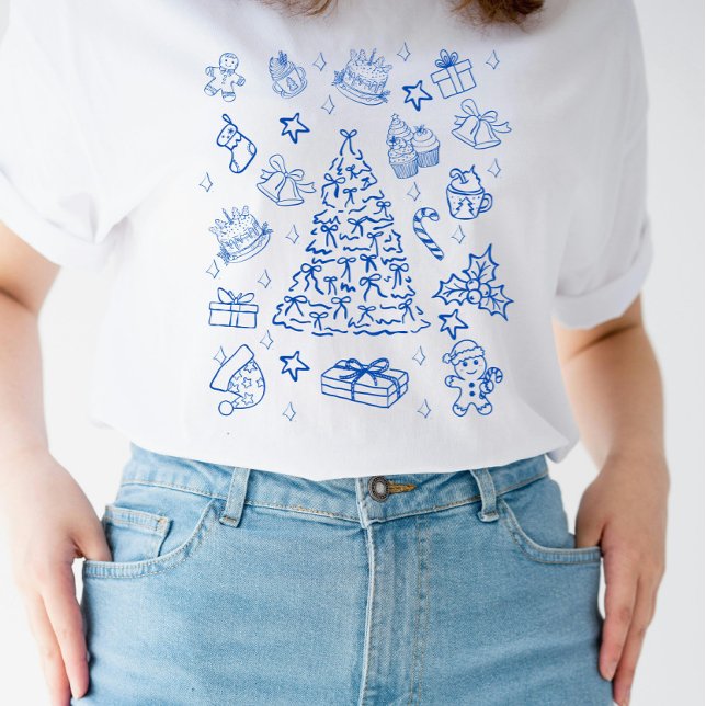 Blue Christmas Whimsy - Cute Festive Doodles T-Shirt (Creator Uploaded)