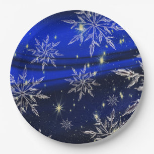 Blue christmas white snow holidays paper plate