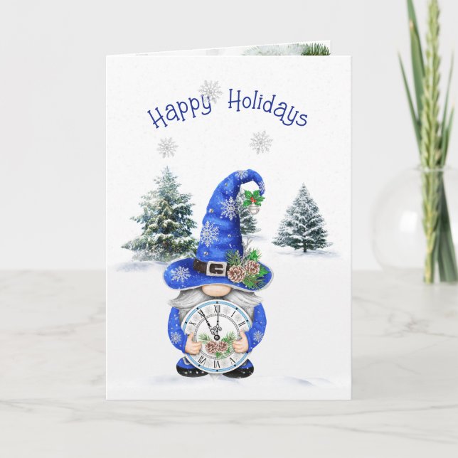 Blue Christmas Winter Gnome with Clock Holiday Card (Front)