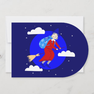 blue christmas witch befana broomrider spookmas invitation