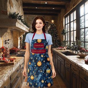 Blue Christmas with Golden Pine Branches Ornaments Apron