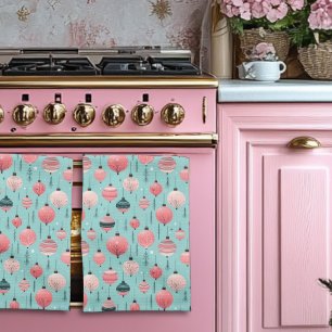 Blue Christmas with Pink Ornaments Kitchen Towel
