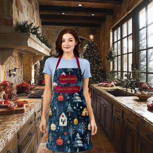 Blue Christmas with Winter Houses and Ornaments Apron