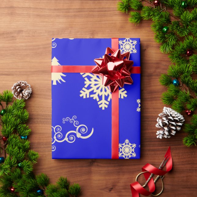 Blue Christmas Wrap with Cream Snowflakes Wrapping Paper (Creator Uploaded)