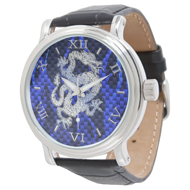 Blue Chrome like Dragon Carbon Fibre Style Dial Watch (Angled)
