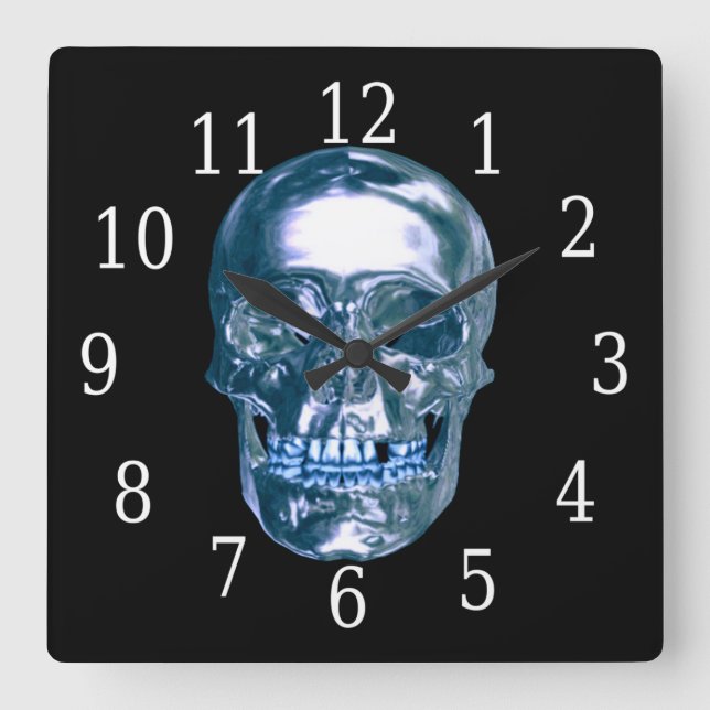 Blue Chrome Skull Square Clock (Front)