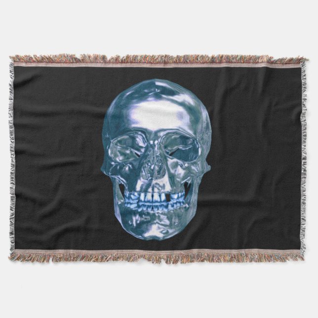 Blue Chrome Skull Throw Blanket (Front)