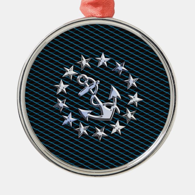 Blue Chrome Style Yacht Flag on Grille Print Metal Ornament (Front)