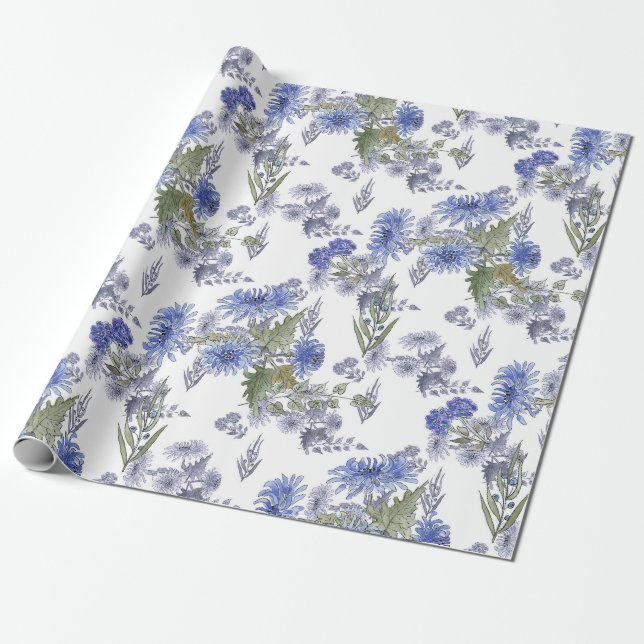 Blue chrysanthemums , watercolor wrapping paper (Unrolled)