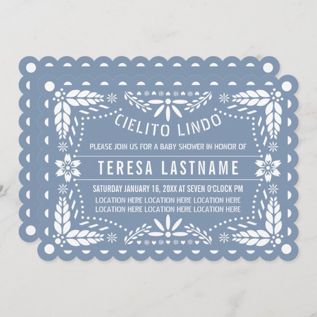 Blue cielito lindo papel picado baby boy shower invitation (Front/Back)