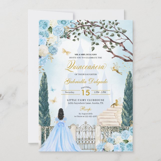 Blue Cinderella Enchanted Garden Quinceanera Invitation (Front)