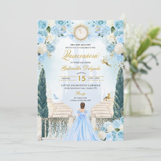 Blue Cinderella Princess Fairy Quinceanera Invitation (Standing Front)
