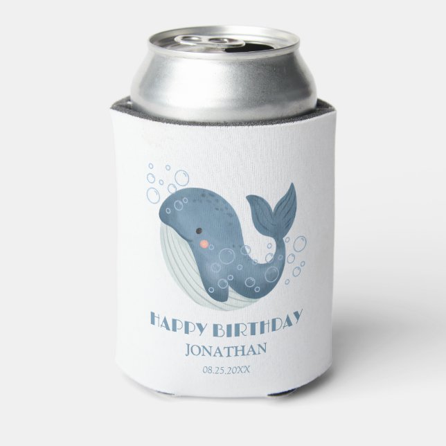 Blue Circle Bubble Cute Whale Kids Birthday Can Cooler (Can Back)