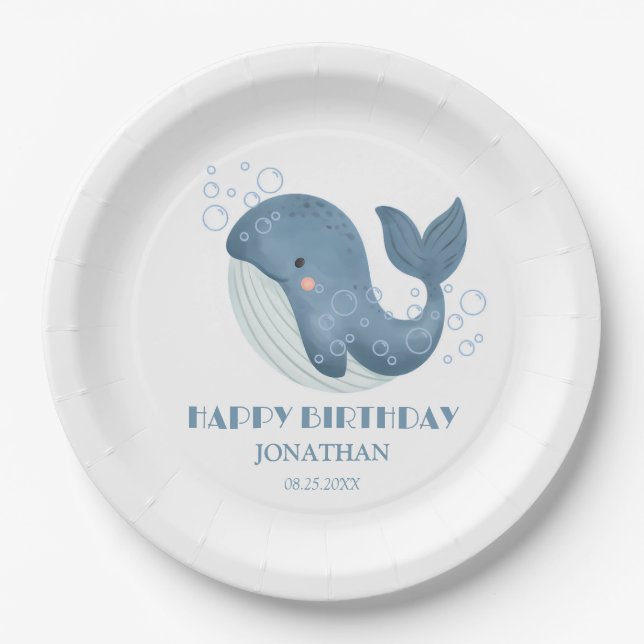 Blue Circle Bubble Cute Whale Kids Birthday Paper Plate (Front)