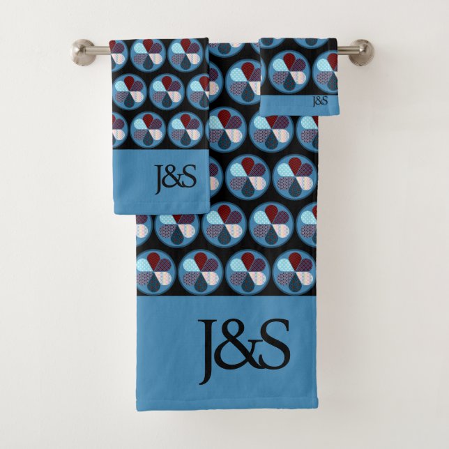 BLUE CIRCLE PATCHWORK FLOWER PATTERN INITIALS BATH TOWEL SET (Insitu)