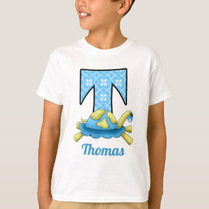 Blue Circle Print Turtle Monogram Letter T T-Shirt