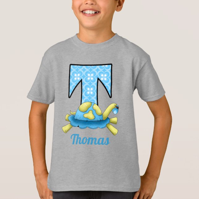 Blue Circle Print Turtle Monogram Letter T T-Shirt (Front)