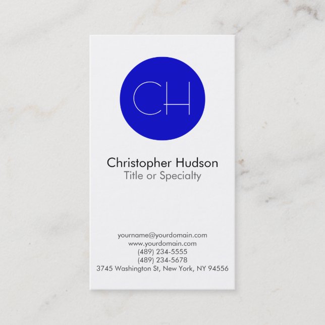 Blue Circle White Monogram Business Card (Front)