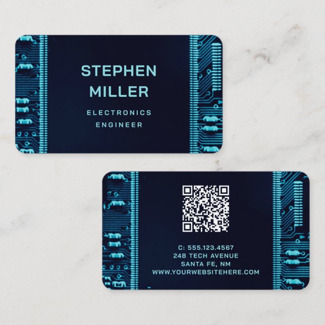 Blue Circuit Board QR Code Electronics Engineer Business Card (Front/Back)