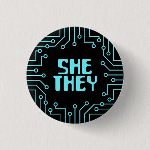 Blue Circuit Board She/They Pronouns 3 Cm Round Badge