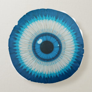 Blue Circular Eye Symbol Abstract Artistic Style  Round Cushion