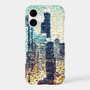 Blue city buildings in mosaic style with relief