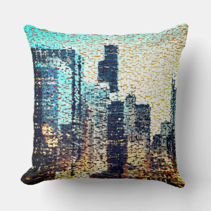 Blue city buildings in mosaic style with relief    cushion