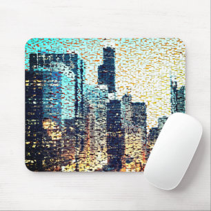 Blue city buildings in mosaic style with relief mouse pad