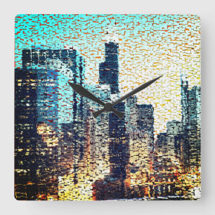 Blue city buildings in mosaic style with relief square wall clock