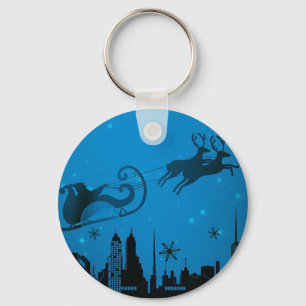 Blue City with Santa Claus and Reindeer Key Ring