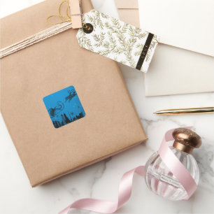 Blue City with Santa Claus and Reindeer Square Sticker