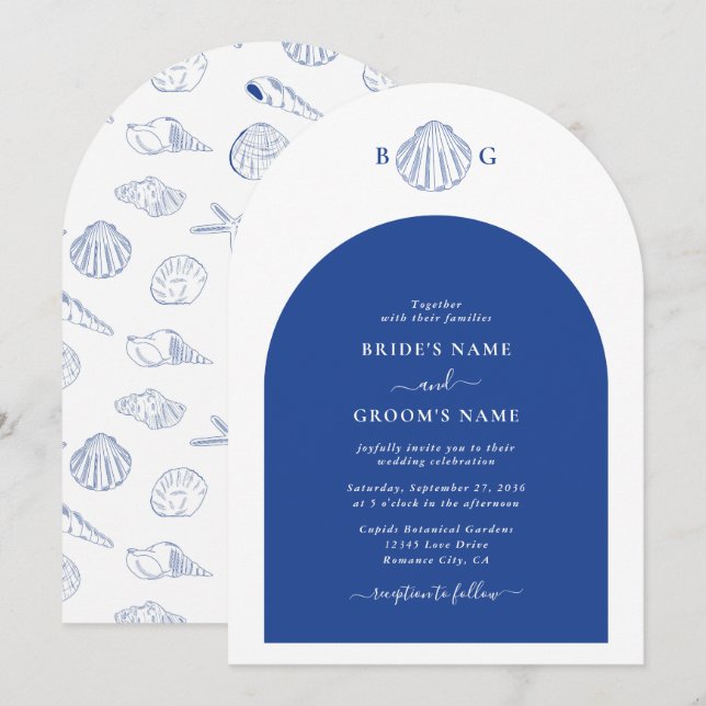 Blue Clam Seashells Coastal Seaside Beach Wedding  Invitation (Front/Back)