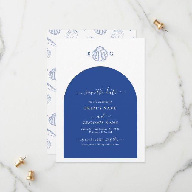 Blue Clam Seashells Coastal Seaside Beach Wedding Save The Date (Front/Back In Situ)