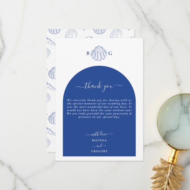 Blue Clam Seashells Coastal Seaside Beach Wedding Thank You Card (Front/Back In Situ)