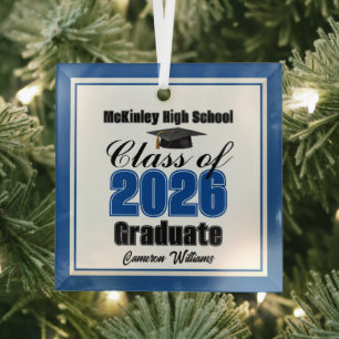 Blue Class of 2026 Graduation Custom Christmas Glass Tree Decoration