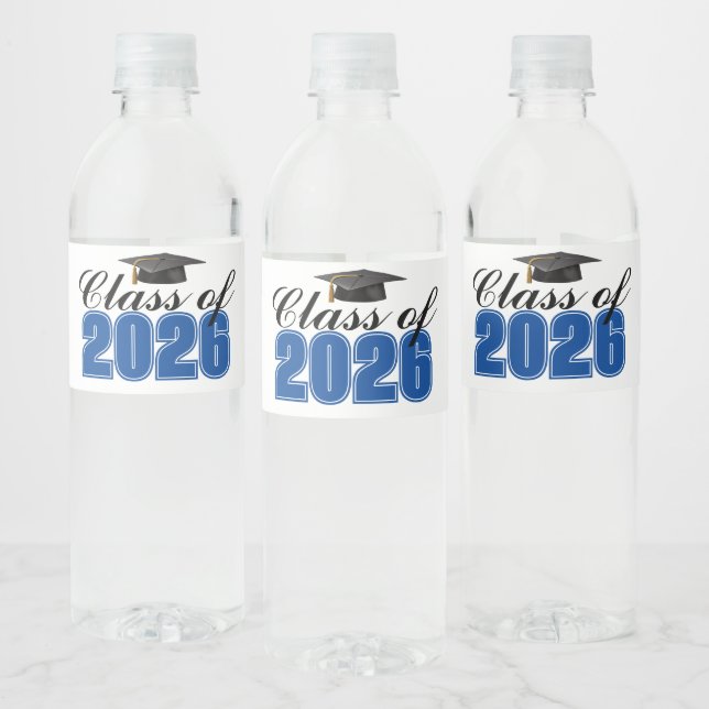 Blue Class of 2026 Graduation Party Water Bottle Label (Bottles)