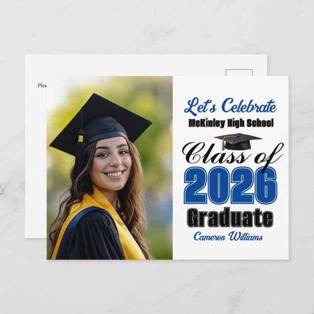Blue Class of 2026 Photo Graduation Party Invitation Postcard (Front/Back)