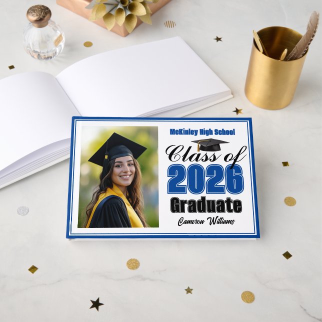 Blue Class of 2026 Photo Small Graduation Guest Book (Front Open)
