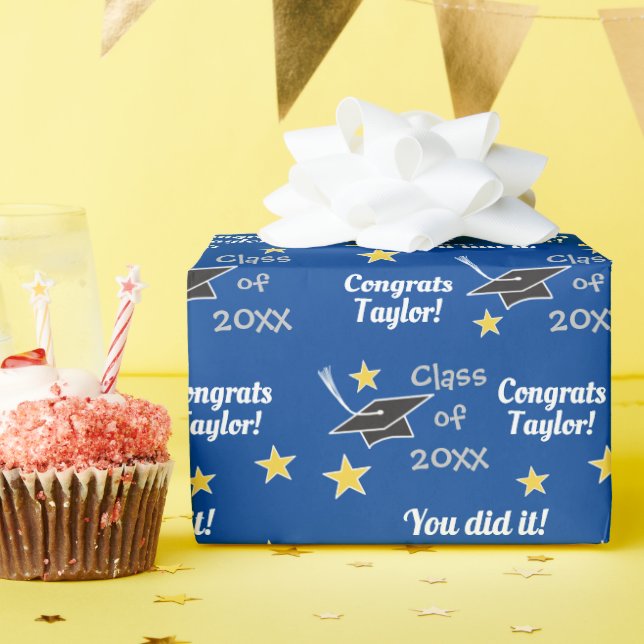 BLUE Class of Custom Year Grad Name Wrapping Paper (Birthday Party)